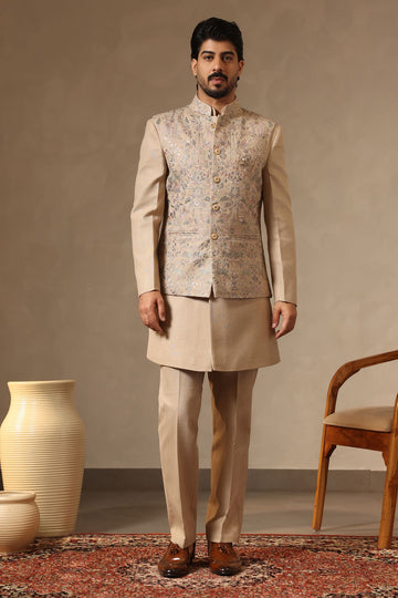 Khaki Embroidered Nehru Jacket Set for Men
