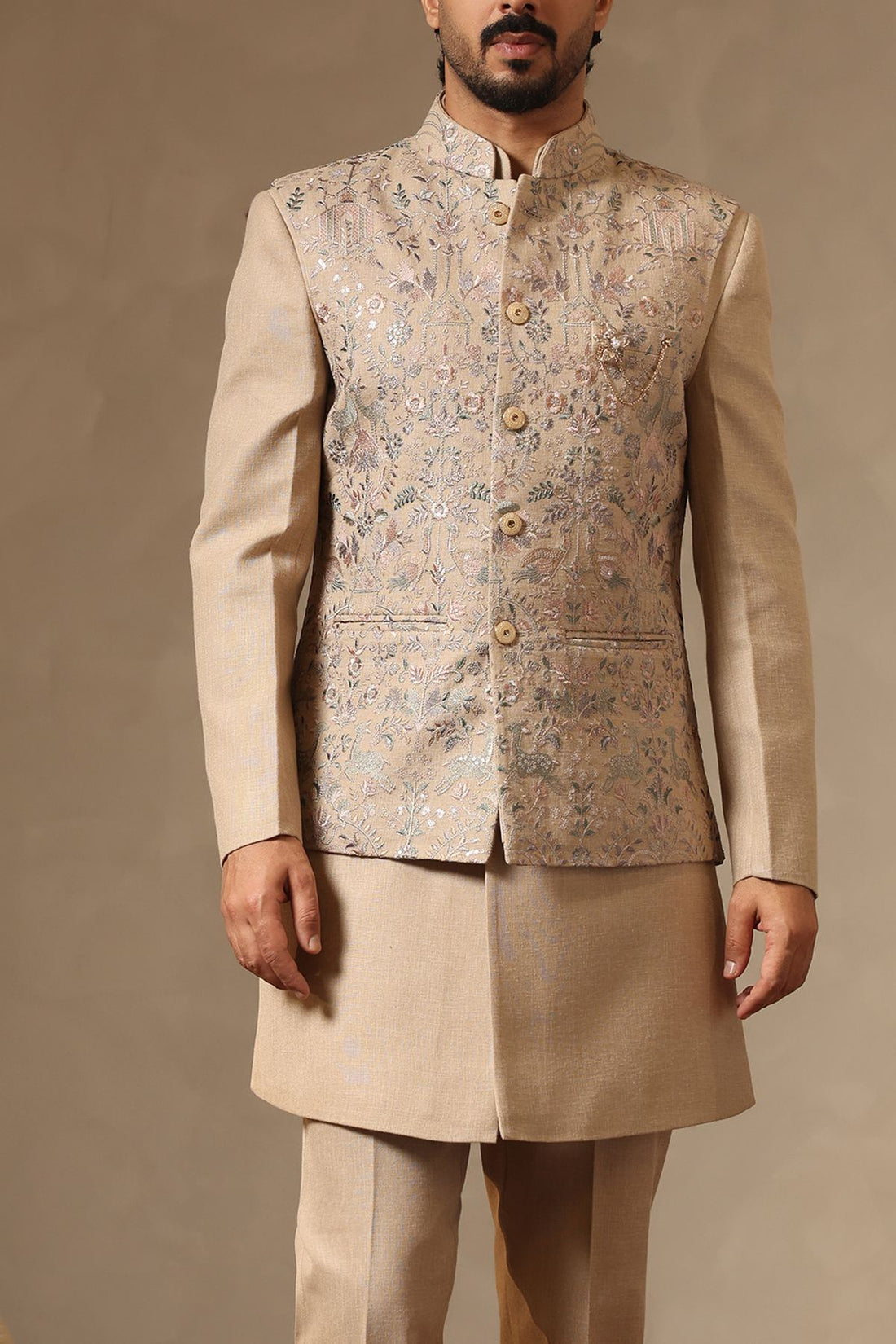 Khaki Embroidered Nehru Jacket Set for Men
