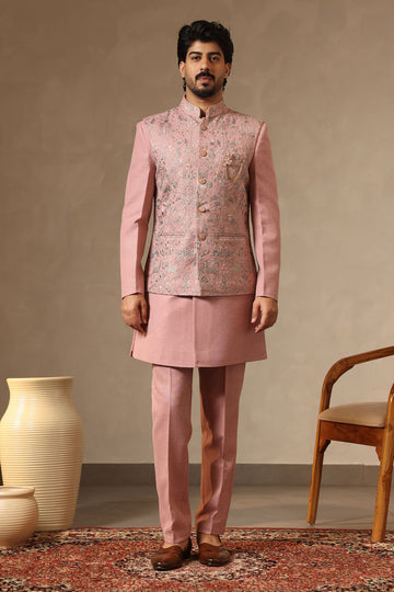 Pink Linen Embroidered Nehru Jacket Set for Men