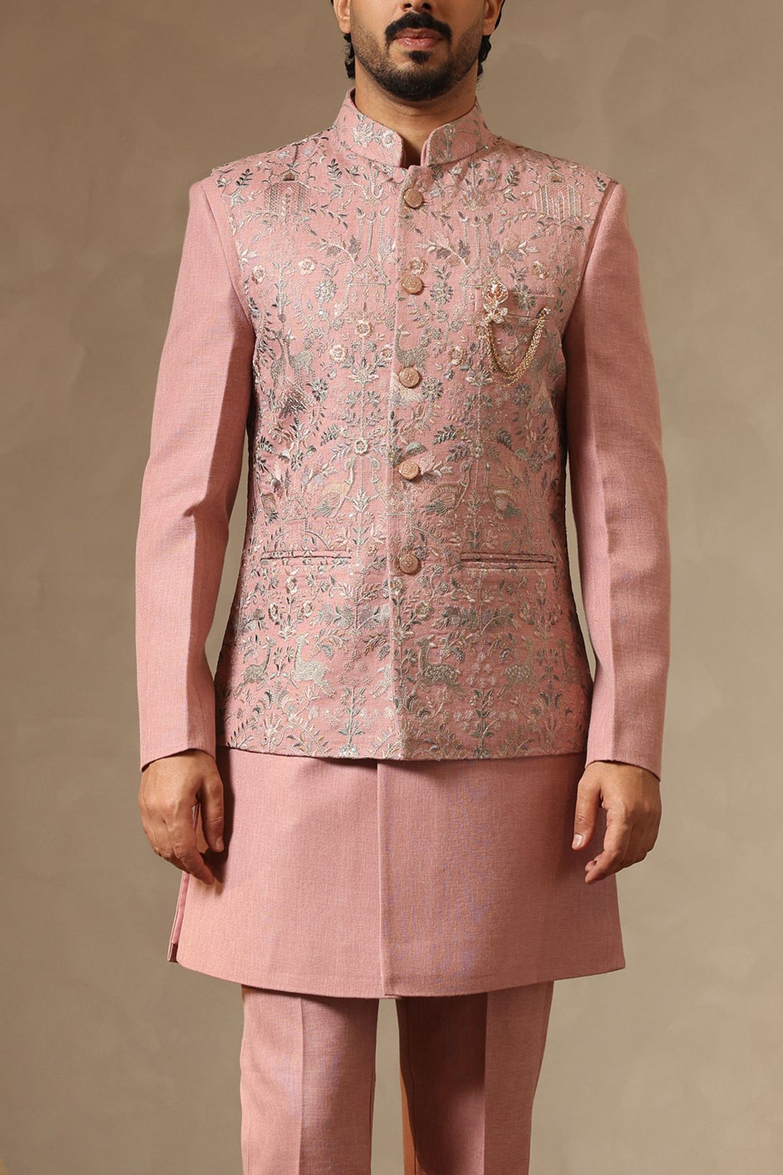 Pink Linen Embroidered Nehru Jacket Set for Men
