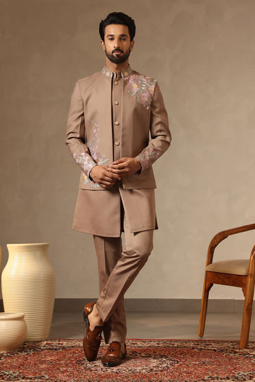 Mocha Brown Floral Embroidered Nehru Jacket Set for Men