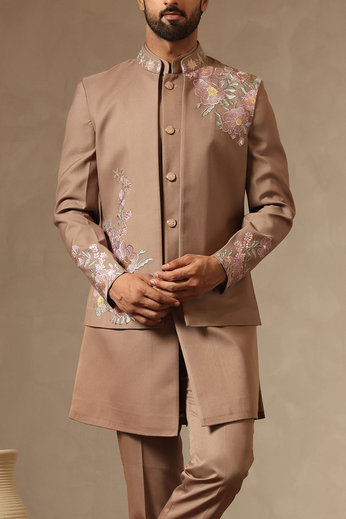 Mocha Brown Floral Embroidered Nehru Jacket Set for Men