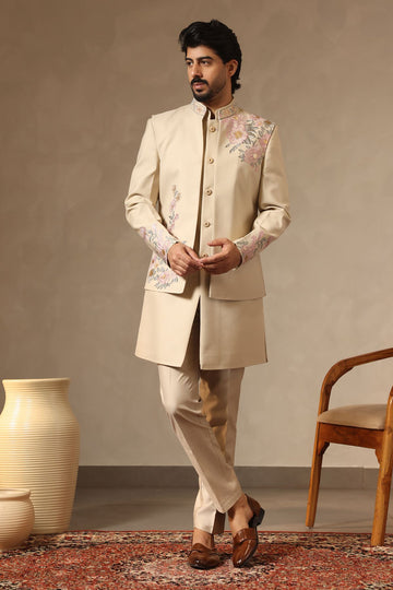 Warm Beige Floral Embroidered Nehru Jacket Set for Men