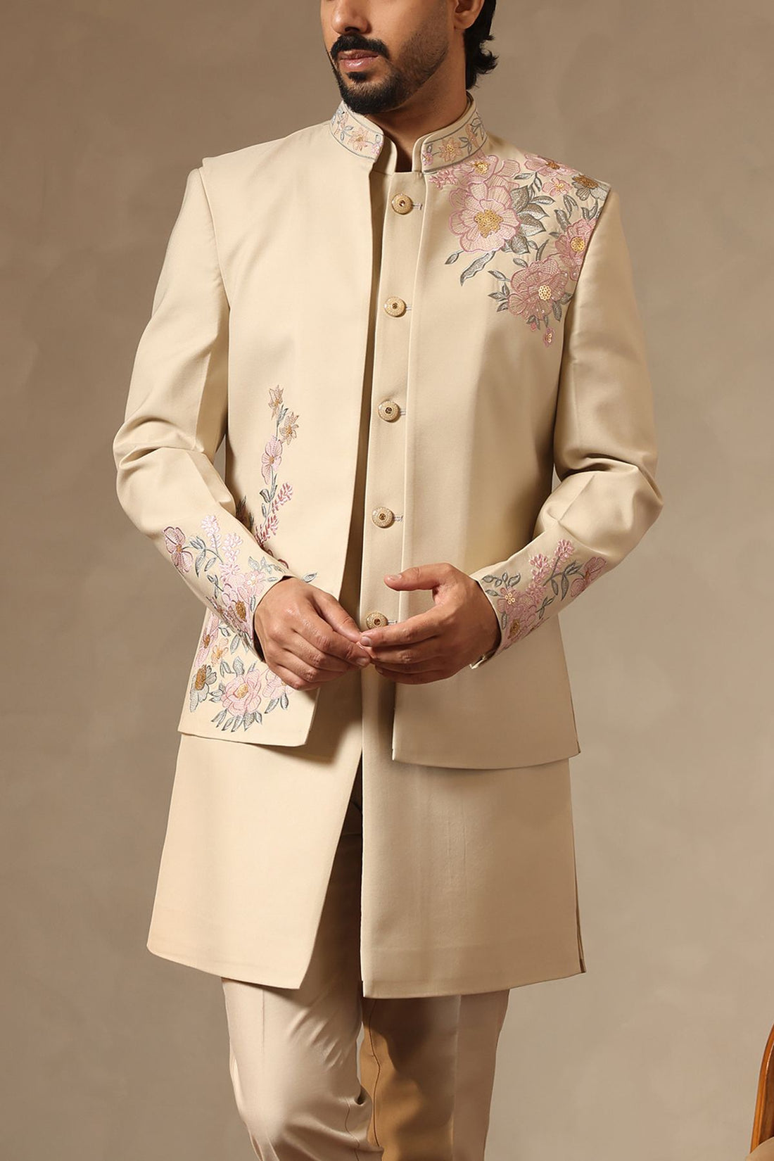 Warm Beige Floral Embroidered Nehru Jacket Set for Men