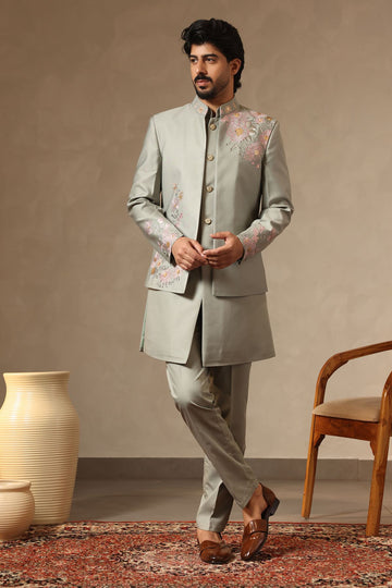 Pista Green Floral Embroidered Nehru Jacket Set for Men