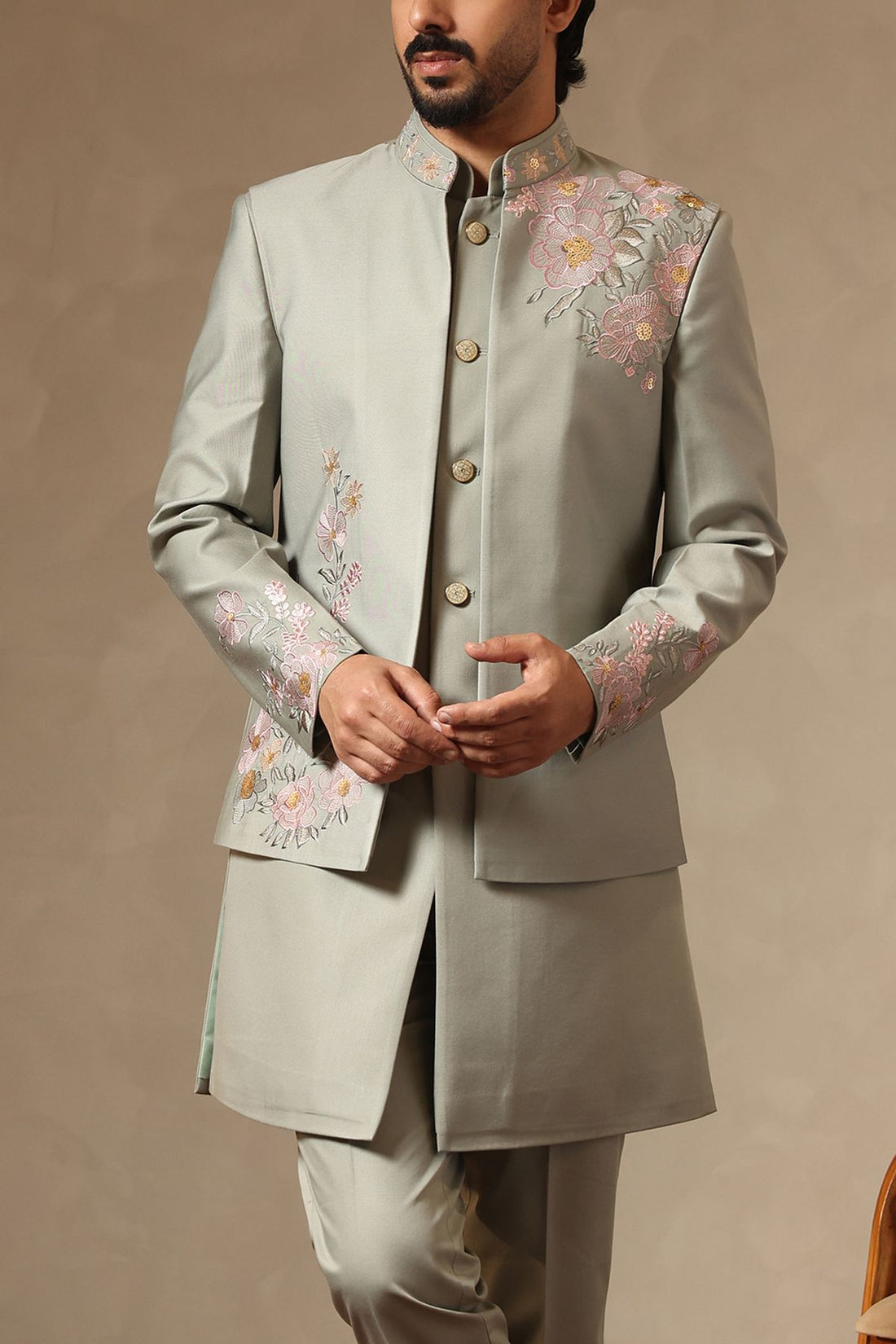 Pista Green Floral Embroidered Nehru Jacket Set for Men