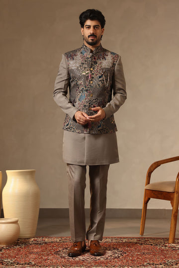 Moss Grey Faux Georgette Nehru Jacket Set with Forest Motif Embroidery | Laromani
