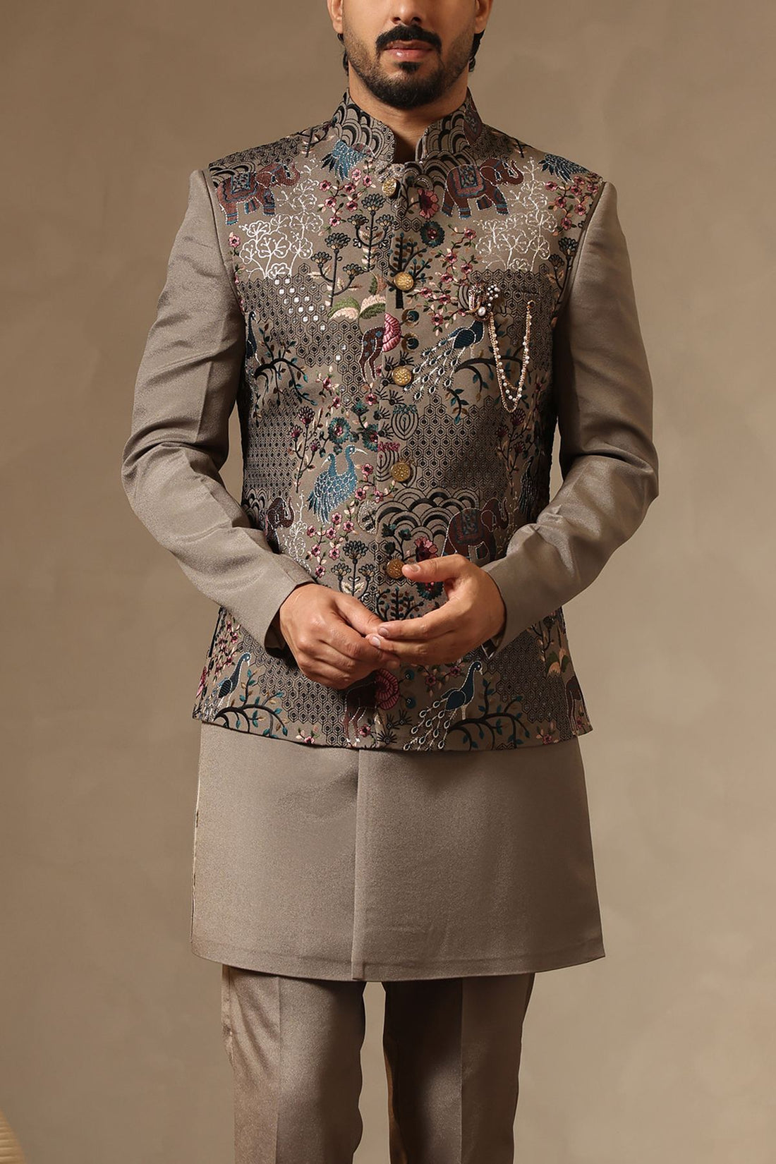 Moss Grey Faux Georgette Nehru Jacket Set with Forest Motif Embroidery | Laromani