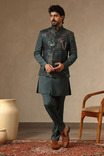Rama Green Faux Georgette Nehru Jacket Set with Forest Motif Embroidery | Laromani