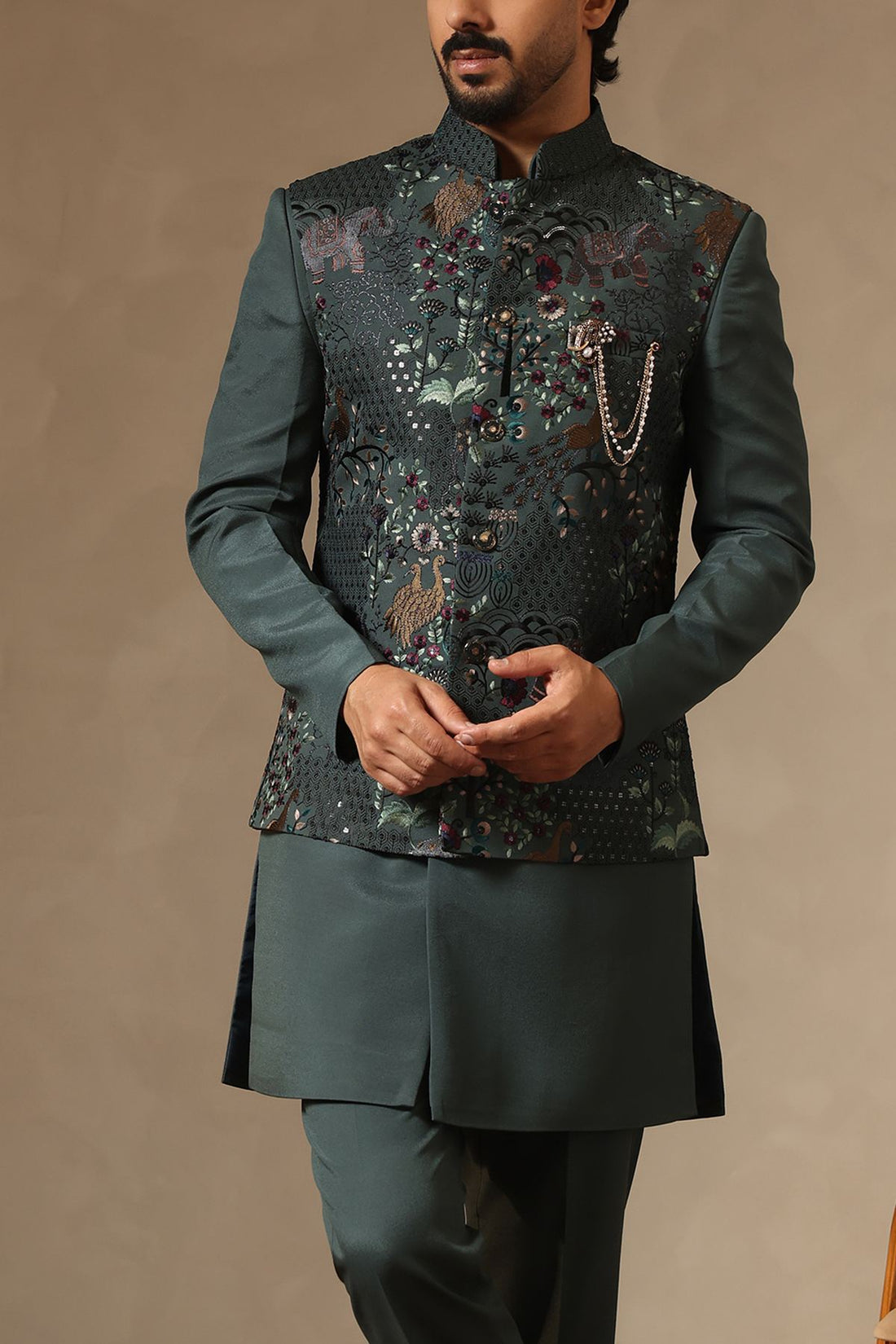 Rama Green Faux Georgette Nehru Jacket Set with Forest Motif Embroidery | Laromani