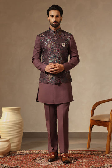 Wine Faux Georgette Nehru Jacket Set with Forest Motif Embroidery | Laromani 3107