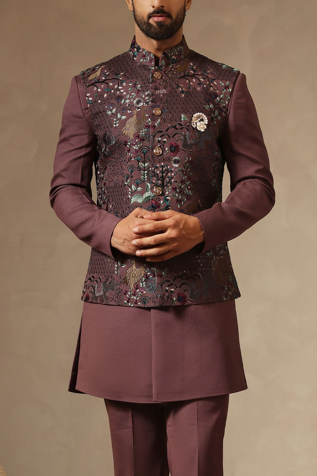 Wine Faux Georgette Nehru Jacket Set with Forest Motif Embroidery | Laromani 3107