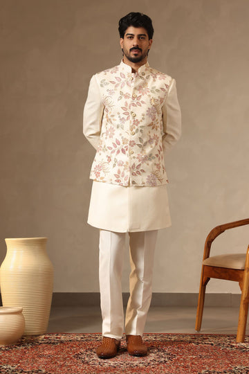 Ivory Beaded Floral Embroidered Nehru Jacket Set for Men
