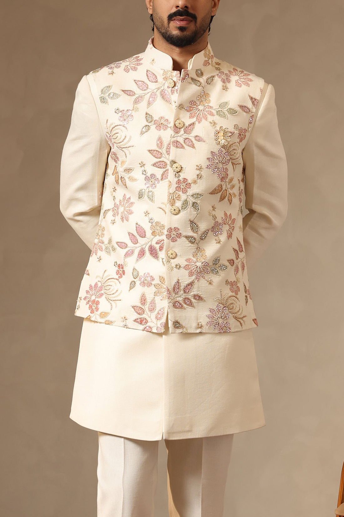 Ivory Beaded Floral Embroidered Nehru Jacket Set for Men