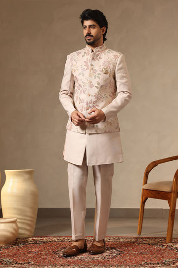 Fawn Beaded Floral Embroidered Nehru Jacket Set for Men