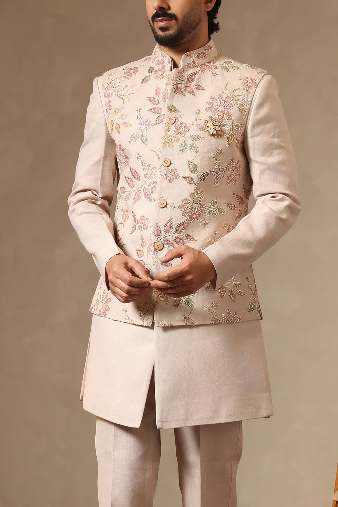 Fawn Beaded Floral Embroidered Nehru Jacket Set for Men
