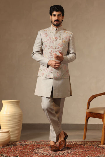 Pista Green Beaded Floral Embroidered Nehru Jacket Set for Men