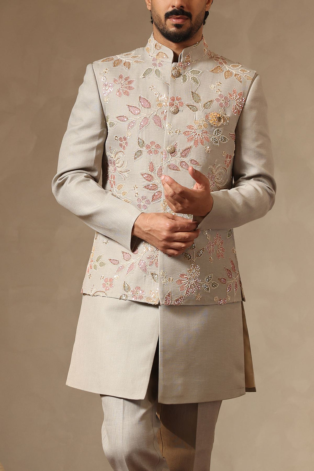 Pista Green Beaded Floral Embroidered Nehru Jacket Set for Men