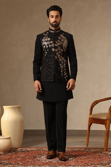 Black Embroidered Nehru Jacket Set with Peacock & Floral Detailing for Men