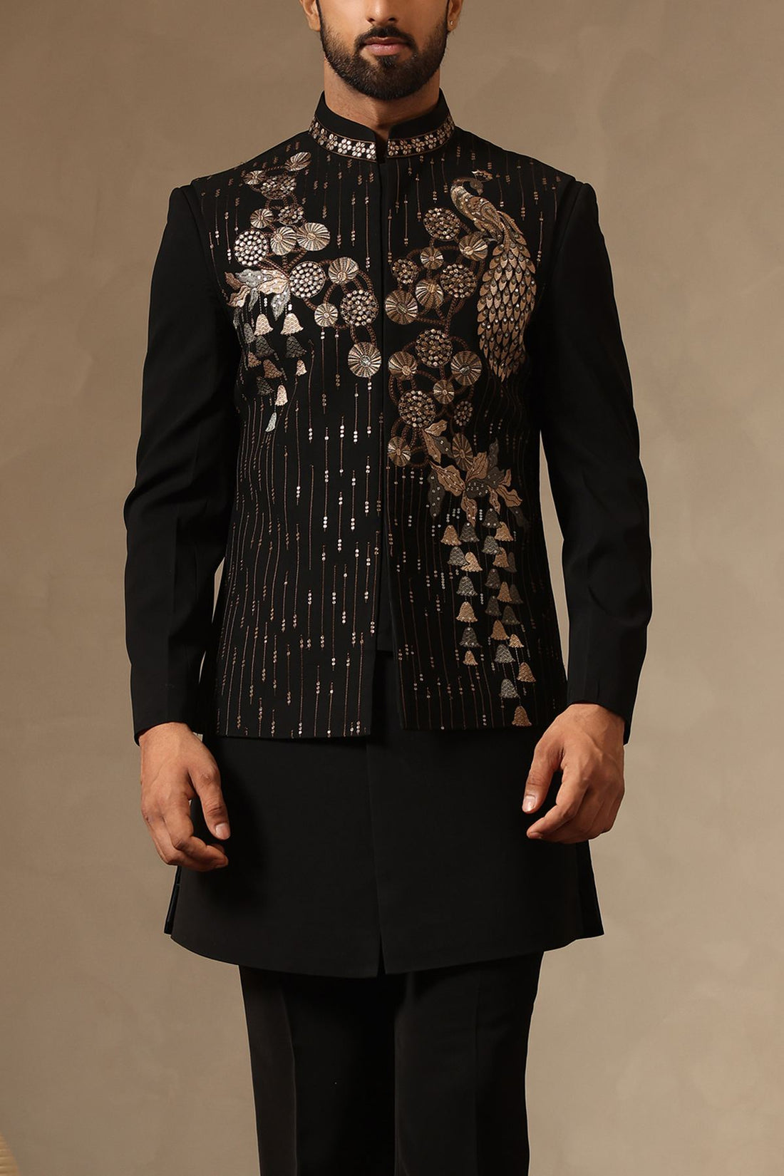 Black Embroidered Nehru Jacket Set with Peacock & Floral Detailing for Men