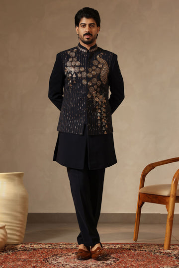 Navy Blue Embroidered Nehru Jacket Set with Peacock & Floral Detailing for Men