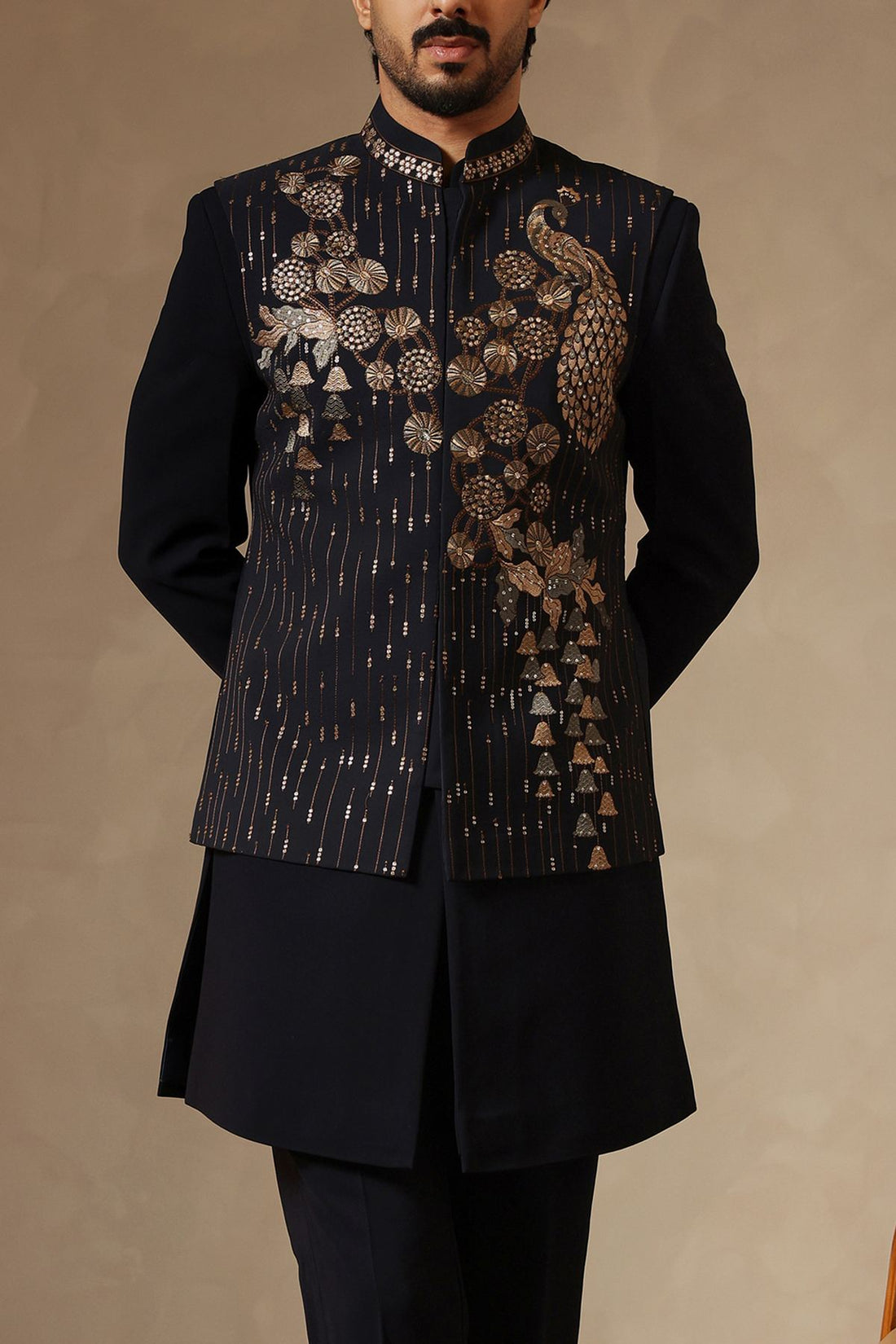Navy Blue Embroidered Nehru Jacket Set with Peacock & Floral Detailing for Men