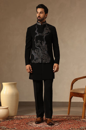 Black Embroidered Nehru Jacket Set for Men with Intricate Metallic Threadwork