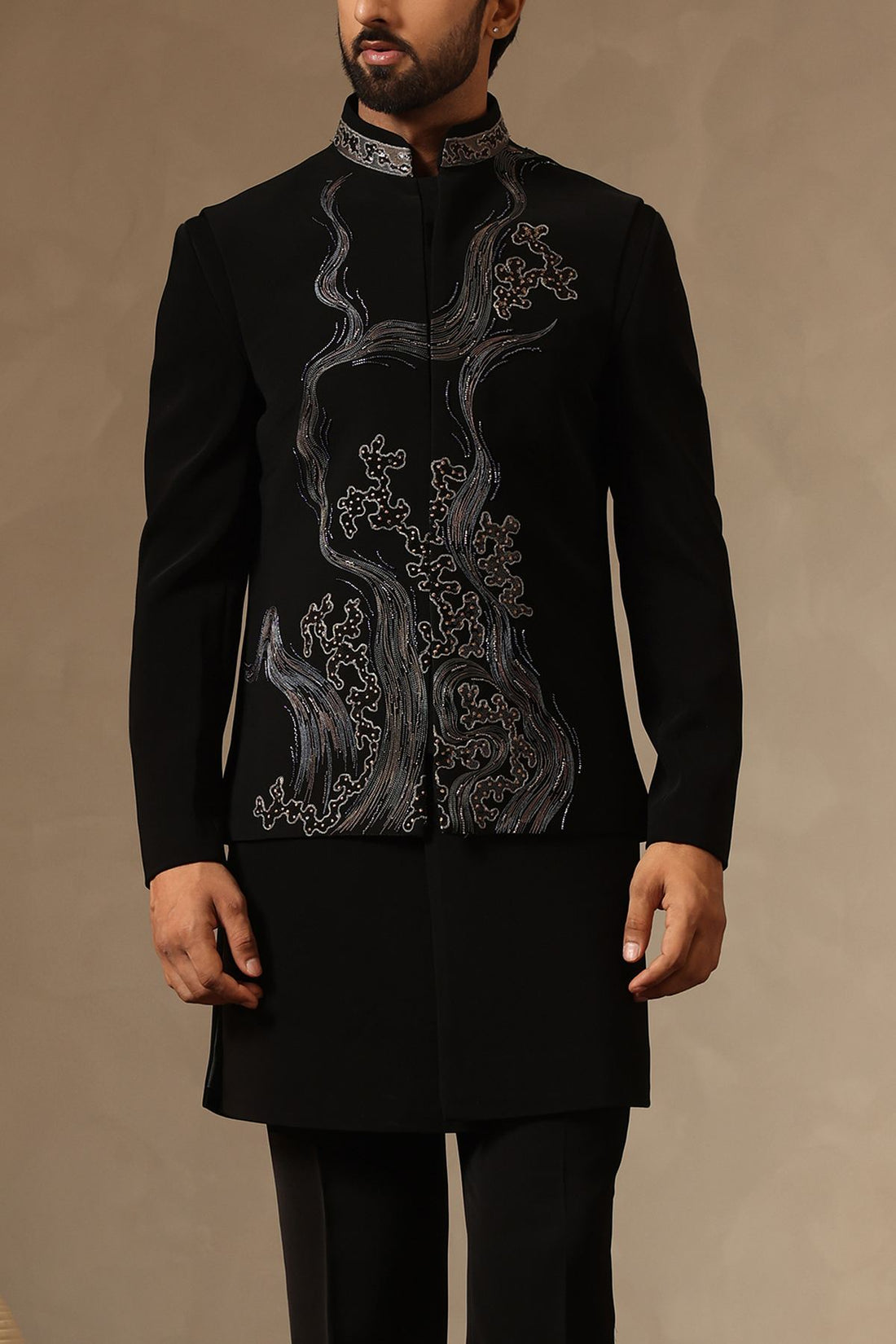 Black Embroidered Nehru Jacket Set for Men with Intricate Metallic Threadwork