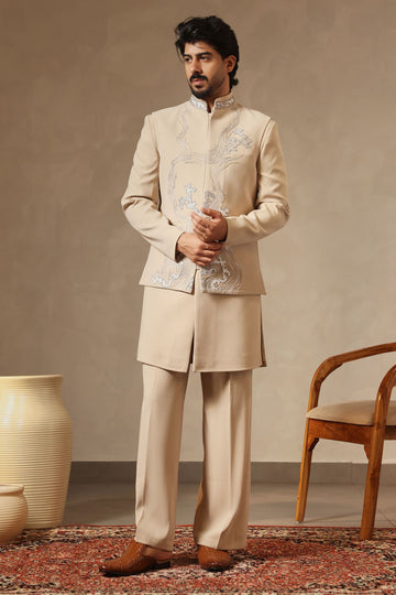 Beige Embroidered Nehru Jacket Set for Men with Intricate Metallic Threadwork