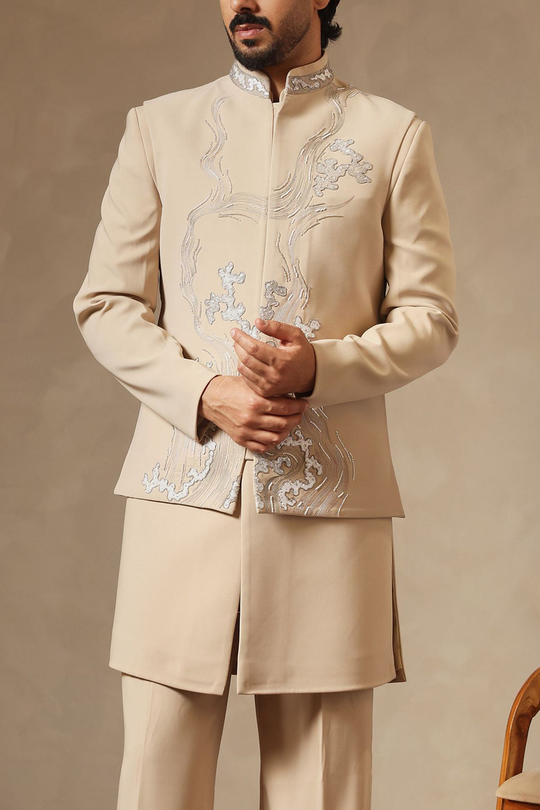 Beige Embroidered Nehru Jacket Set for Men with Intricate Metallic Threadwork
