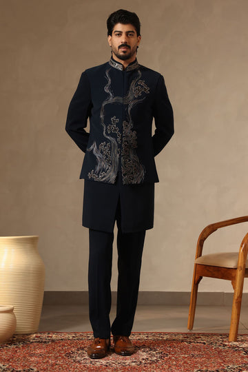 Teal Embroidered Nehru Jacket Set for Men with Intricate Metallic Threadwork