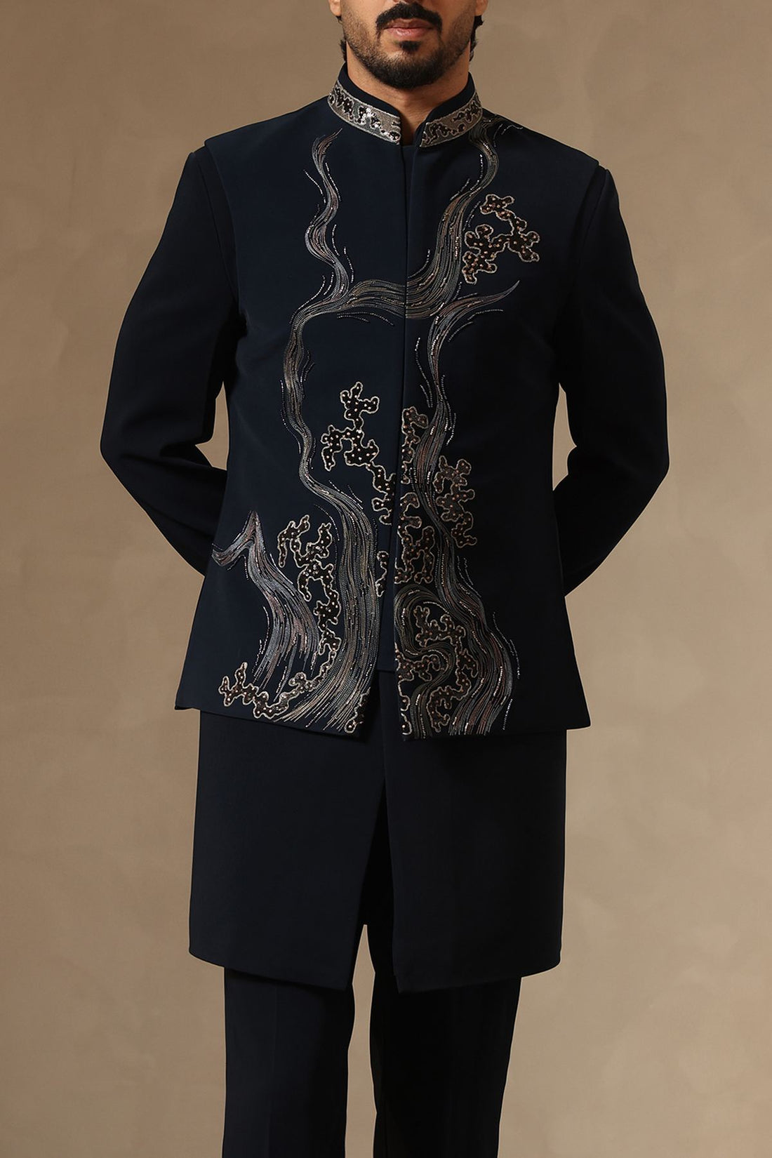 Teal Embroidered Nehru Jacket Set for Men with Intricate Metallic Threadwork