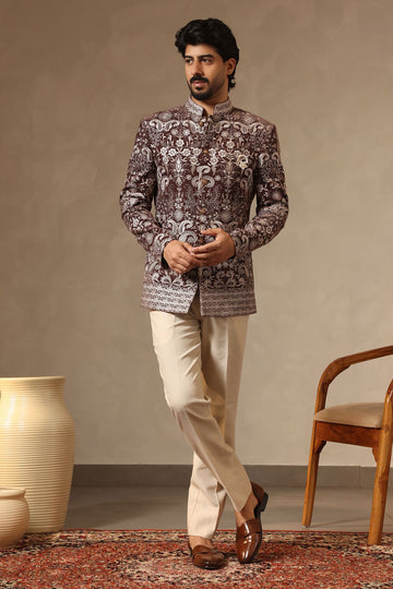 Coffee Brown Velvet Intricate Tonal Embroidered Jodhpuri Set for Men