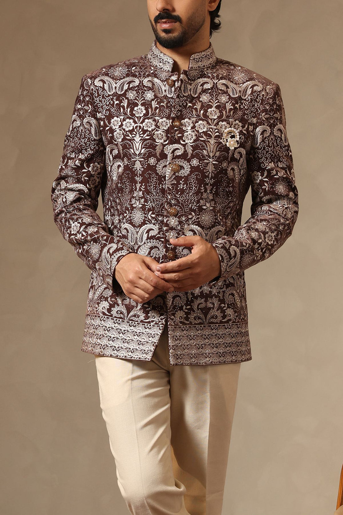 Coffee Brown Velvet Intricate Tonal Embroidered Jodhpuri Set for Men