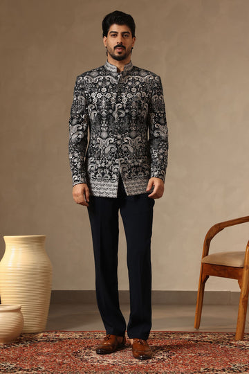 Teal Velvet Intricate Tonal Embroidered Jodhpuri Set for Men