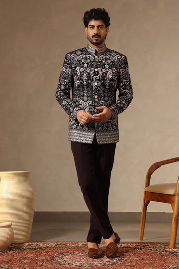 Wine Velvet Intricate Tonal Embroidered Jodhpuri Set for Men