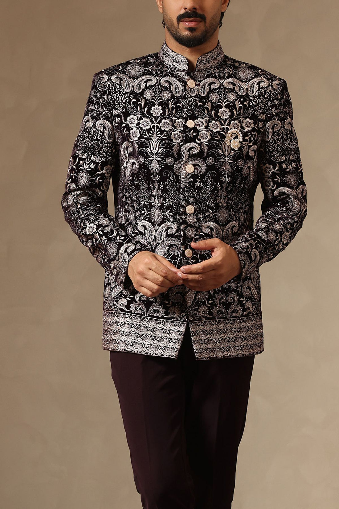 Wine Velvet Intricate Tonal Embroidered Jodhpuri Set for Men