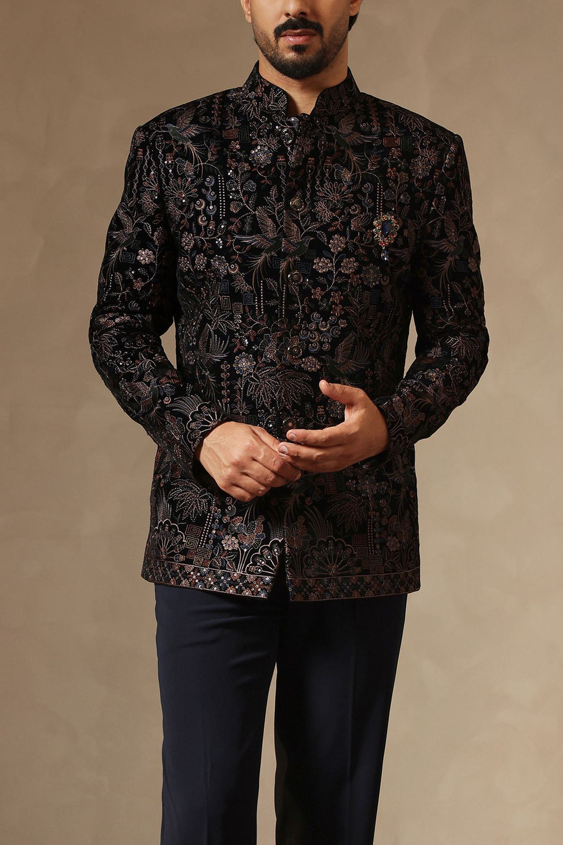 Navy Blue Velvet Multi- Thread Embroidered Jodhpuri Suit Set for Men