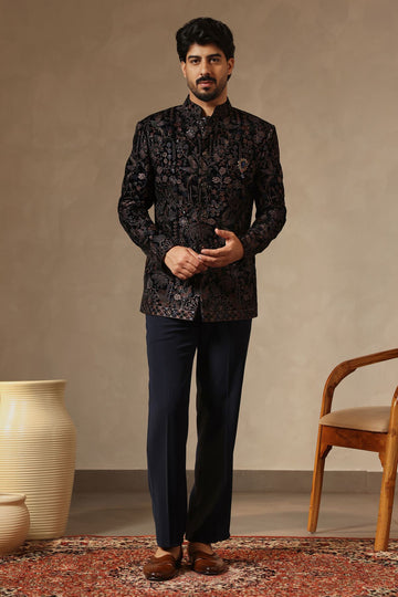 Navy Blue Velvet Multi- Thread Embroidered Jodhpuri Suit Set for Men