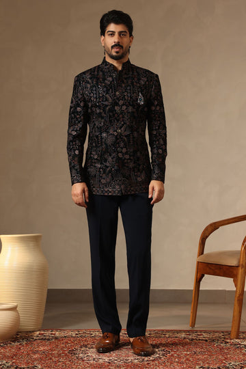 Rama Green Velvet Multi- Thread Embroidered Jodhpuri Suit Set for Men
