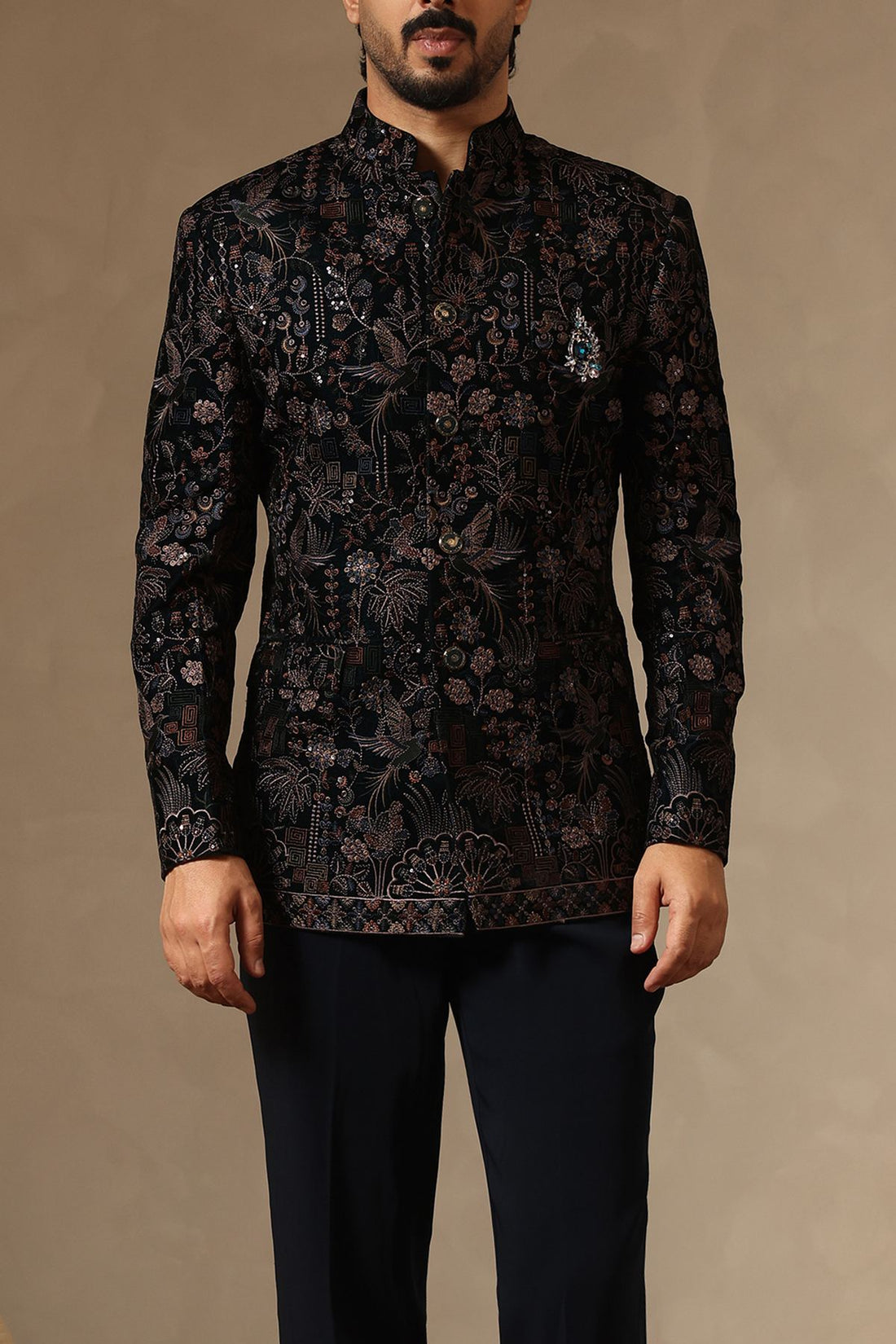 Rama Green Velvet Multi- Thread Embroidered Jodhpuri Suit Set for Men