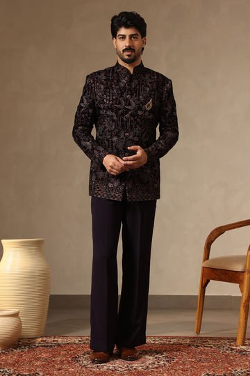Wine Velvet Multi- Thread Embroidered Jodhpuri Suit Set for Men