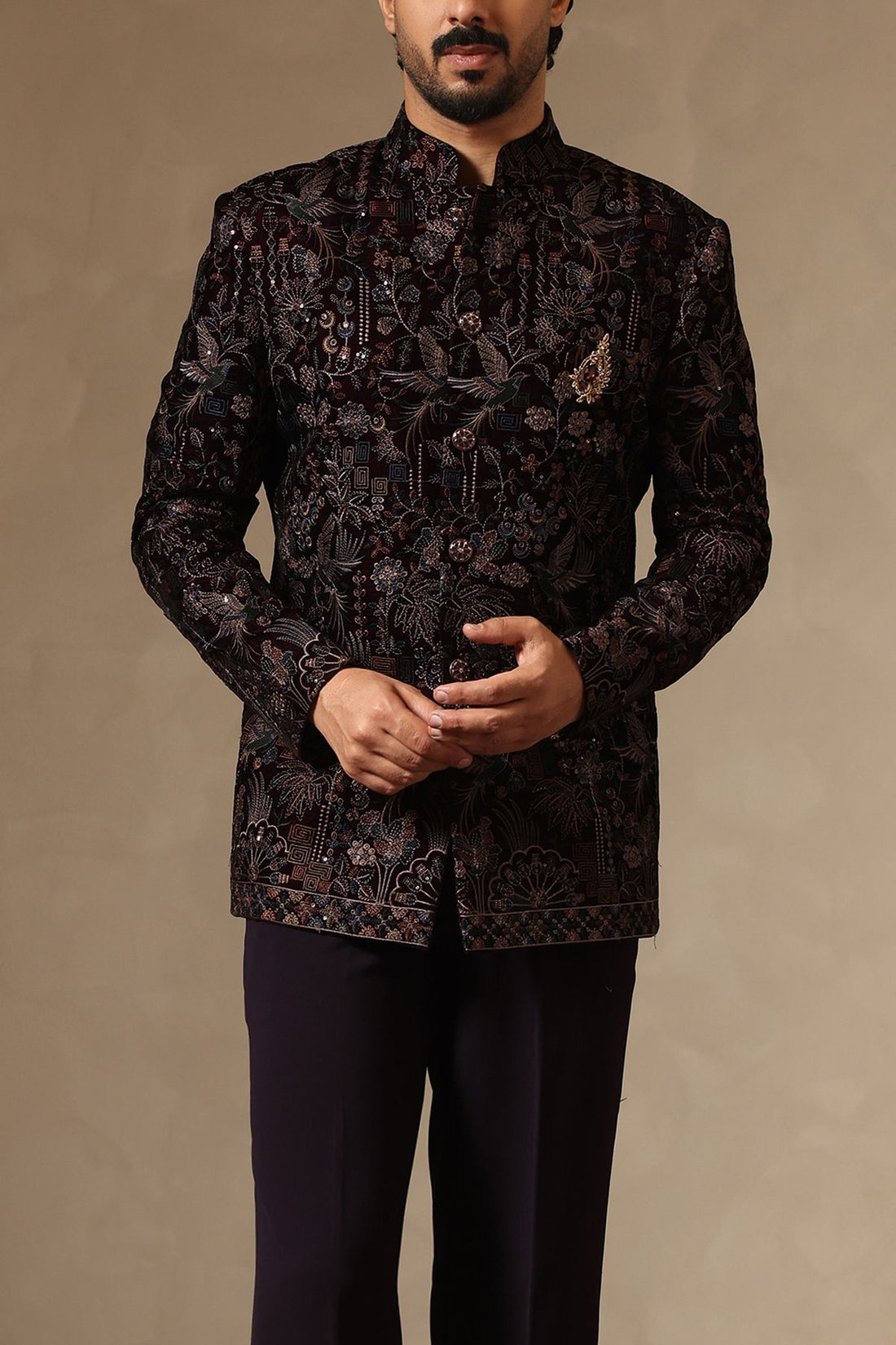 Wine Velvet Multi- Thread Embroidered Jodhpuri Suit Set for Men