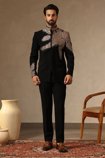 Black Contemporary Embroidered Jodhpuri Suit Set for Men