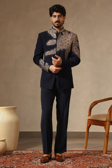 Navy Blue Contemporary Embroidered Jodhpuri Suit Set for Men