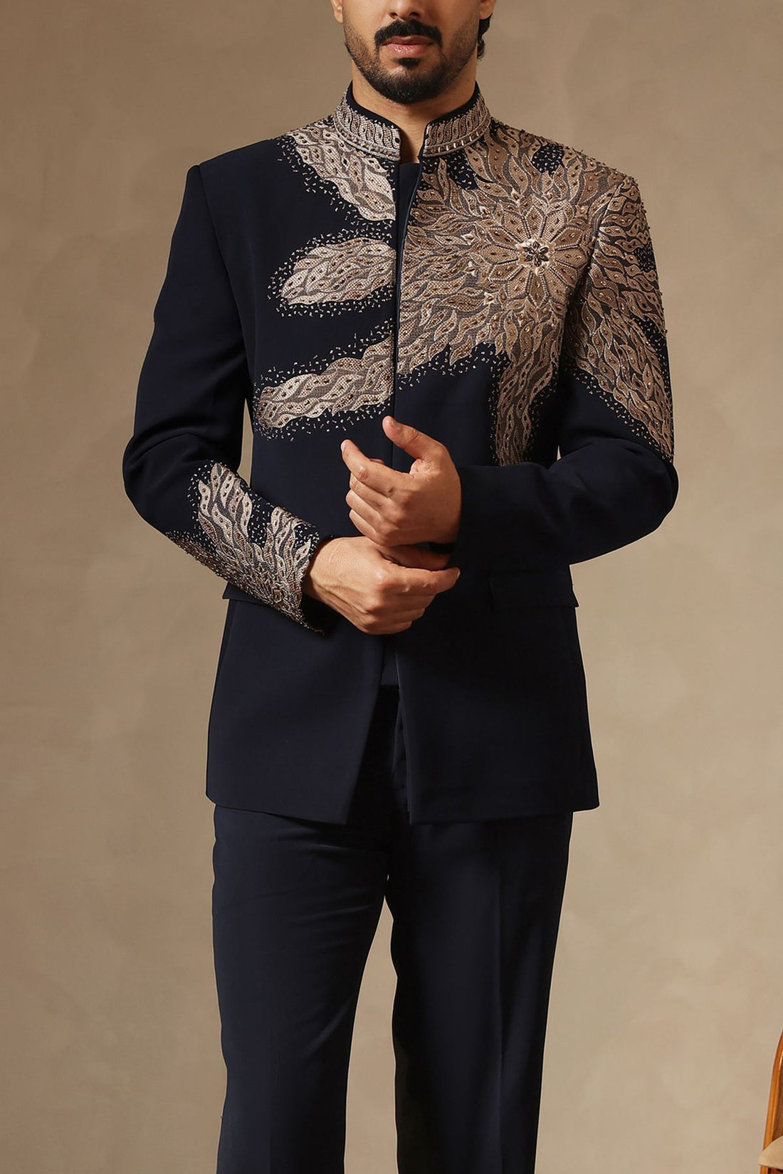 Navy Blue Contemporary Embroidered Jodhpuri Suit Set for Men