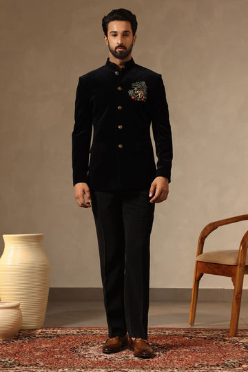 Black Cotton Velvet Jodhpuri Suit Set with Hand Embroidered Motif for Men