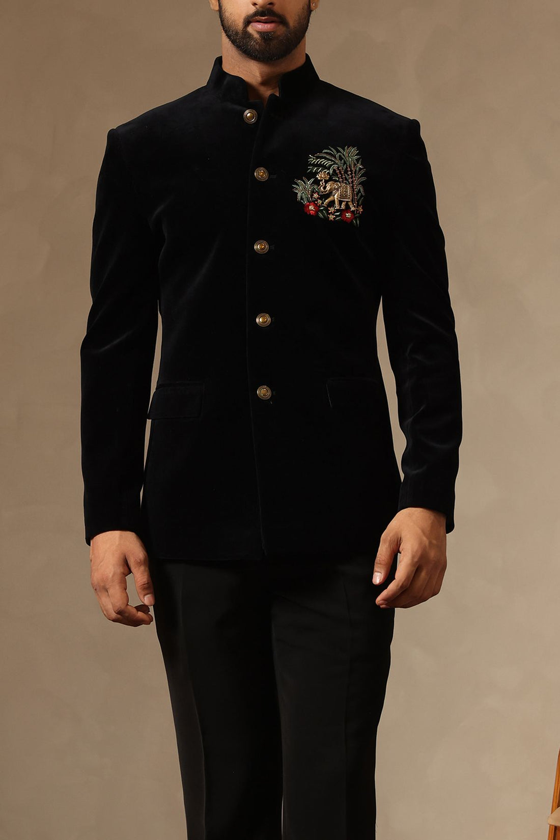 Black Cotton Velvet Jodhpuri Suit Set with Hand Embroidered Motif for Men