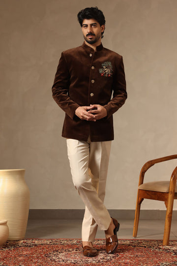 Brown Cotton Velvet Jodhpuri Suit Set with Premium Embroidered Motif for Men