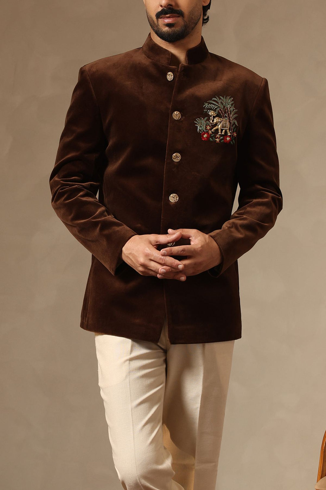 Brown Cotton Velvet Jodhpuri Suit Set with Premium Embroidered Motif for Men